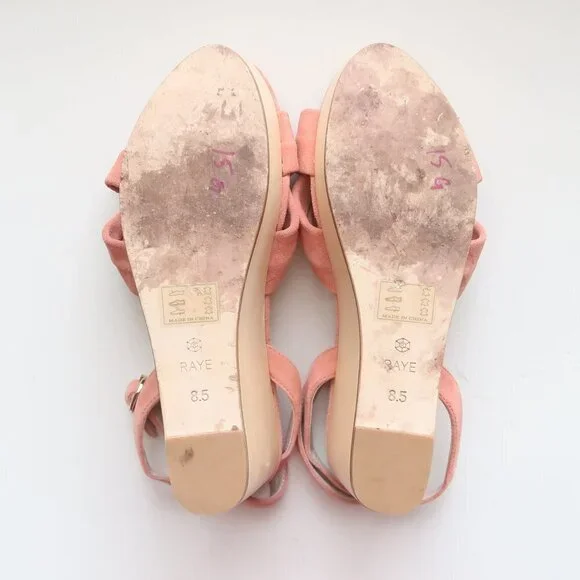Revolve RAYE Faye Peach Suede Leather Wooden Platform Wedge Ankle Strap Sandals